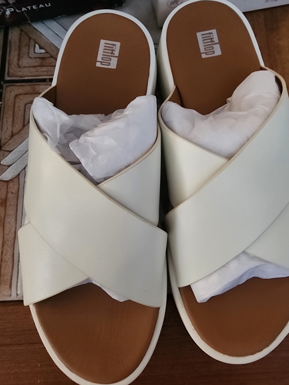 FitFlop F-Mode Women’s Size 9 Cream Leather Cross-Strap Slide Sandals NEW